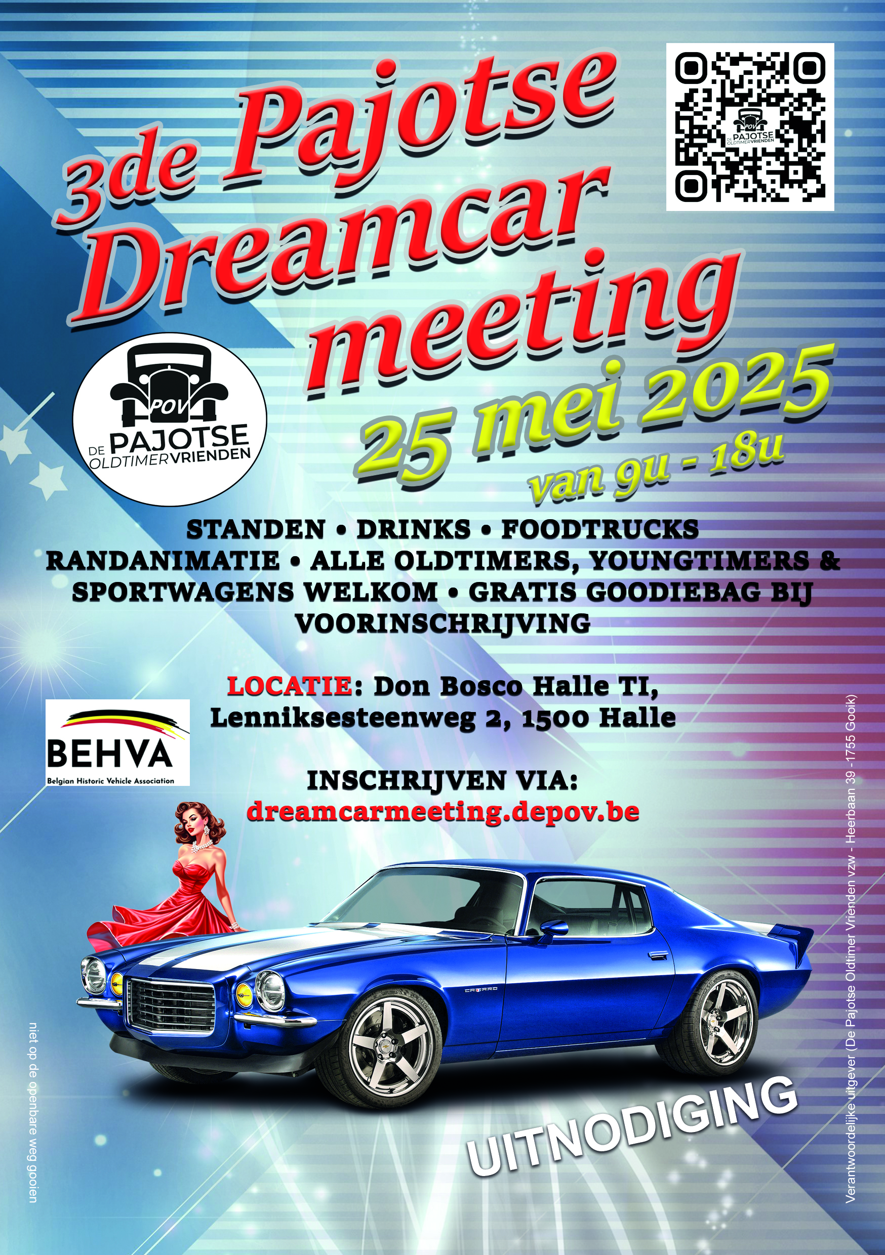 Flyer de pajotse dreamcar meeting (Standen, drinks, foodtrucks, randanimatie, gratis goodiebag bij voorinschrijving)