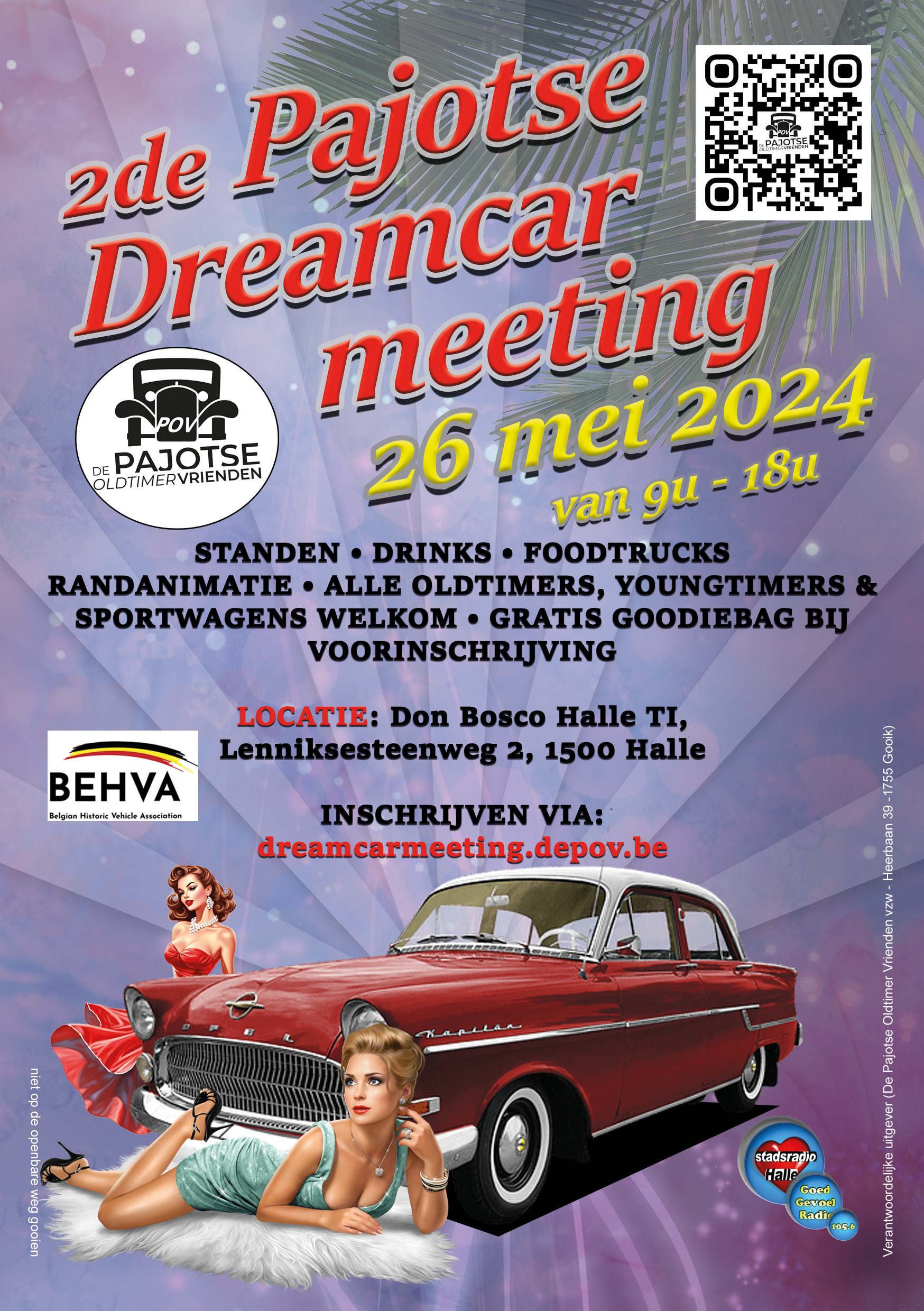 Flyer de pajotse dreamcar meeting (Standen, drinks, foodtrucks, randanimatie, gratis goodiebag bij voorinschrijving)